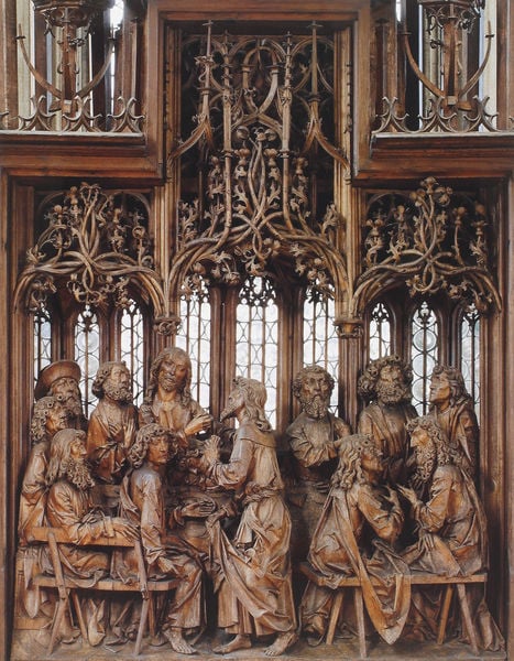 Rothenburg o. d. Tauber, Stadtpfarrkirche St. Jakob, Heilig-Blut-Altar. by Tilman Riemenschneider. 1499–1505. Motifs recorded: abendmahl, altar, holz, tafel, chairs, tisch, gesprenge, schnitzkunst.