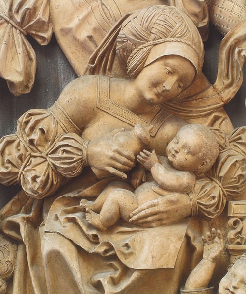 Bieselbach, Gemeinde Horgau bei Augsburg, Kapelle hl. Franziskus Xaverius, Hochaltar. 1510. Motifs recorded: mutter, kind, flasche, kopfbedeckung, frau, lächeln, trinken, puffärmel.