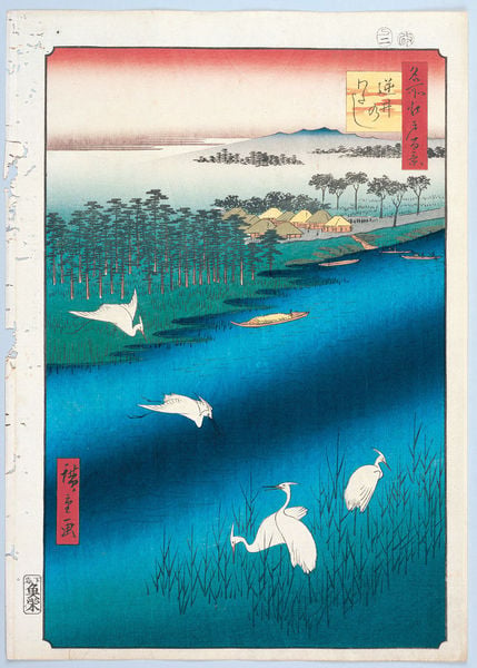 100 berühmte Ansichten von Edo. by Utagawa Hiroshige. 1856–1858. Motifs recorded: vögel, japan, wasser, bäume, schilf, grafik, kranich, hütten.