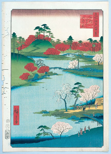 100 berühmte Ansichten von Edo. by Utagawa Hiroshige. 1856–1858. Motifs recorded: fluss, landschaft, japanisch, schriftzeichen, rot, grün, wasser, bäume.