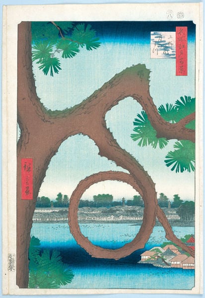 100 berühmte Ansichten von Edo. by Utagawa Hiroshige. 1856–1858. Motifs recorded: tree, green, water, blue, branch, brown, houses, japanese.