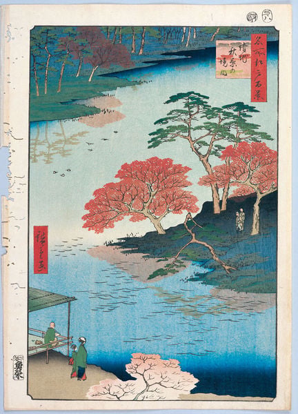 100 berühmte Ansichten von Edo. by Utagawa Hiroshige. 1856–1858. Motifs recorded: bäume, japan, grün, menschen, spiegelung, fluss, kirschblüte, see.