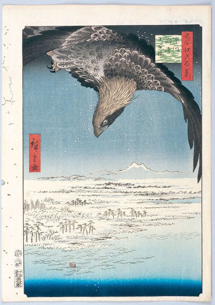 100 berühmte Ansichten von Edo. by Utagawa Hiroshige. 1856–1858. Motifs recorded: adler, berg, bäume, blau, japanisch, vogel, japan, landschaft.