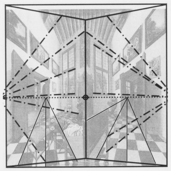 Die Perspektivische Konstruktion des Perspekivschranks. by Wienand von Steeg. Motifs recorded: fenster, perspektive, bilder, dreieck, linien, raum, gemälde, striche.