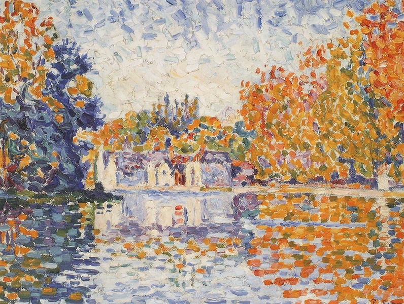 Die Seine bei Samois. by Paul Signac. 1899. Motifs recorded: landschaft, wasser, spiegelung, himmel, bäume, see, blau, häuser.