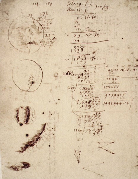 Berechnungen und Mondskizzen. by Galileo Galilei. 1611–1612. Motifs recorded: rechnung, zahlen, papier, skizze, kreis, mond, berechnung, linien.