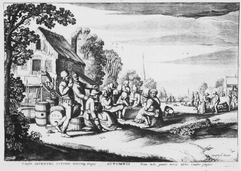 Die vier Jahreszeiten. by Jan van de Velde II.. 1617. Motifs recorded: haus, baum, fässer, druck, herbst, menschen, hut, schrift.