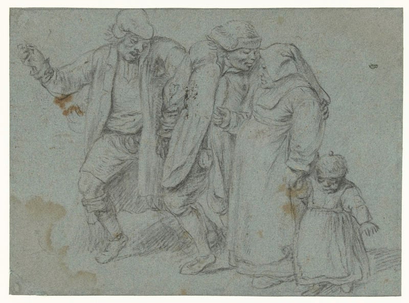 Boeren op weg naar huis. by Pieter Bruegel. 1600–1610. Motifs recorded: child, woman, family, men, sketch, shoes, apron, old.