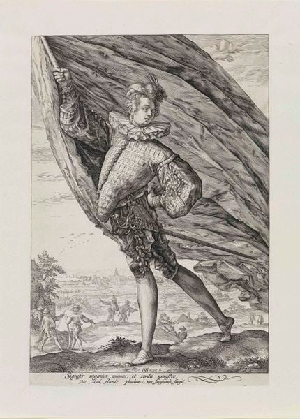 Der Fahnenschwinger. by Hendrik Goltzius. 1587. Motifs recorded: flag, man, sword, fahne, collar, sky, people, tree.