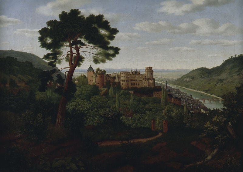 Blick auf Heidelberg und das Heidelberger Schloss. by Christian Philipp Koester. 1835. Motifs recorded: brücke, burg, landschaft, baum, fluss, wald, wolken, himmel.